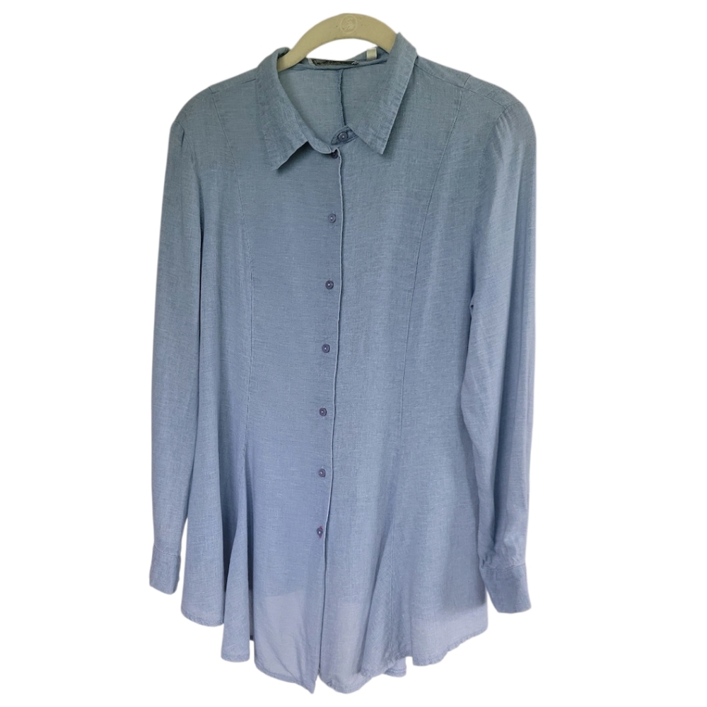 Patrizia Luca Milano Blue Chambray Button‑Up Top Linen Blend Sz S Basic Momcore